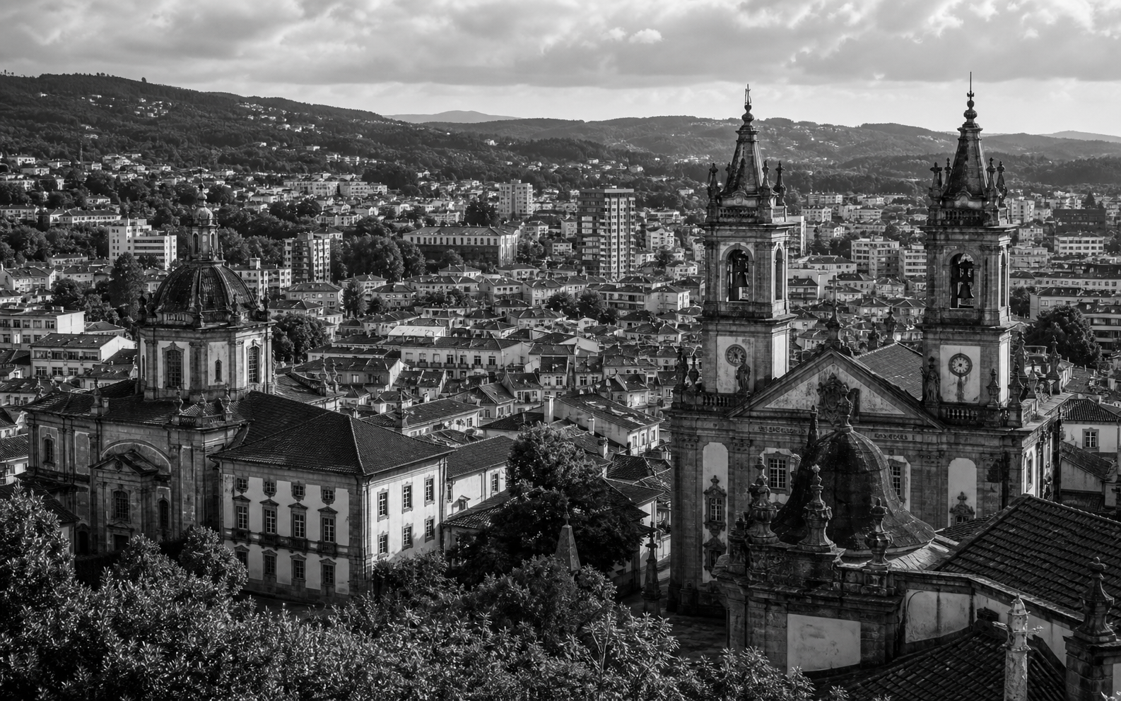 Black and white Braga Portugal cityscape for private investigator services in Braga