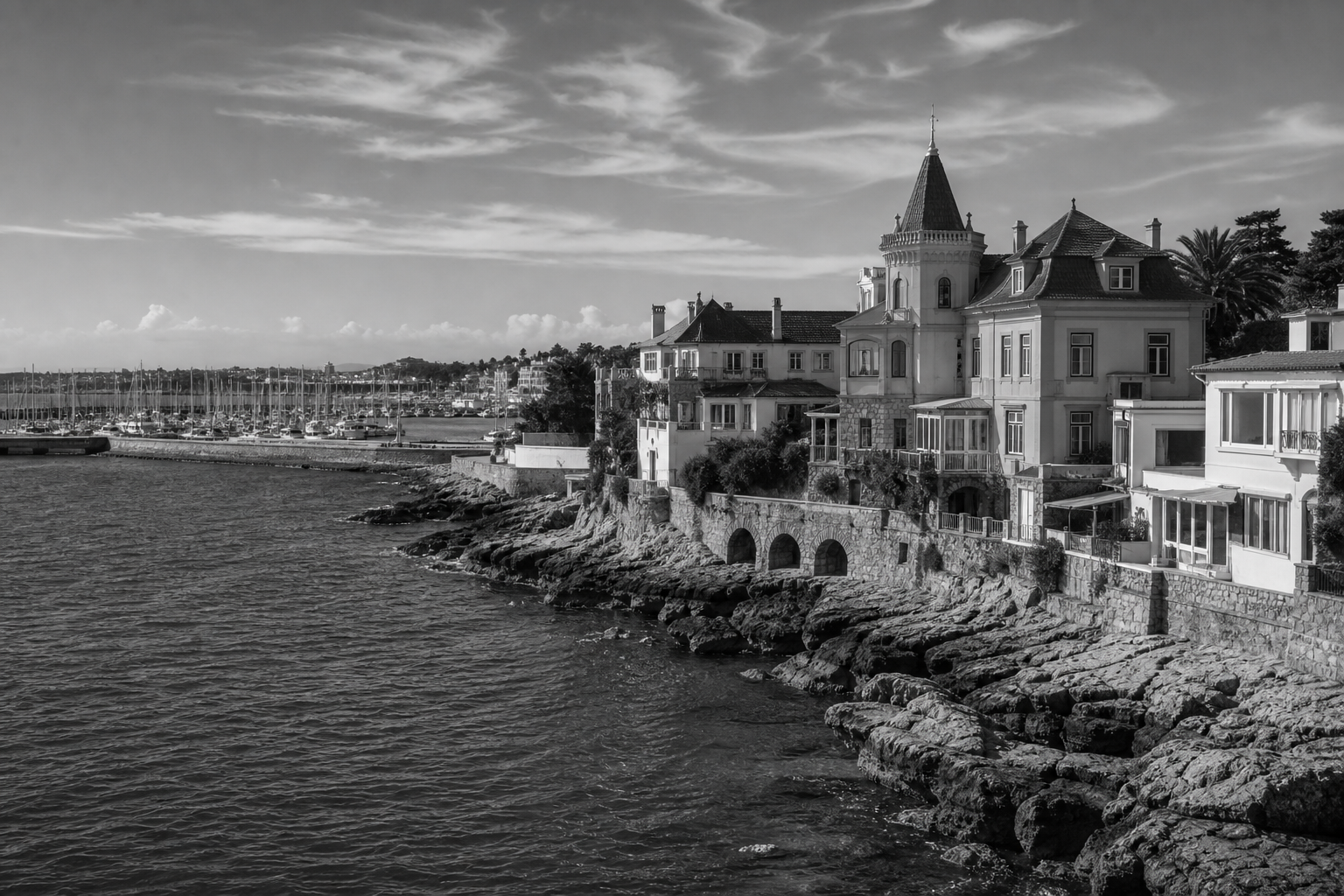 Black and white Cascais Portugal coastal cityscape for private investigator services in Cascais