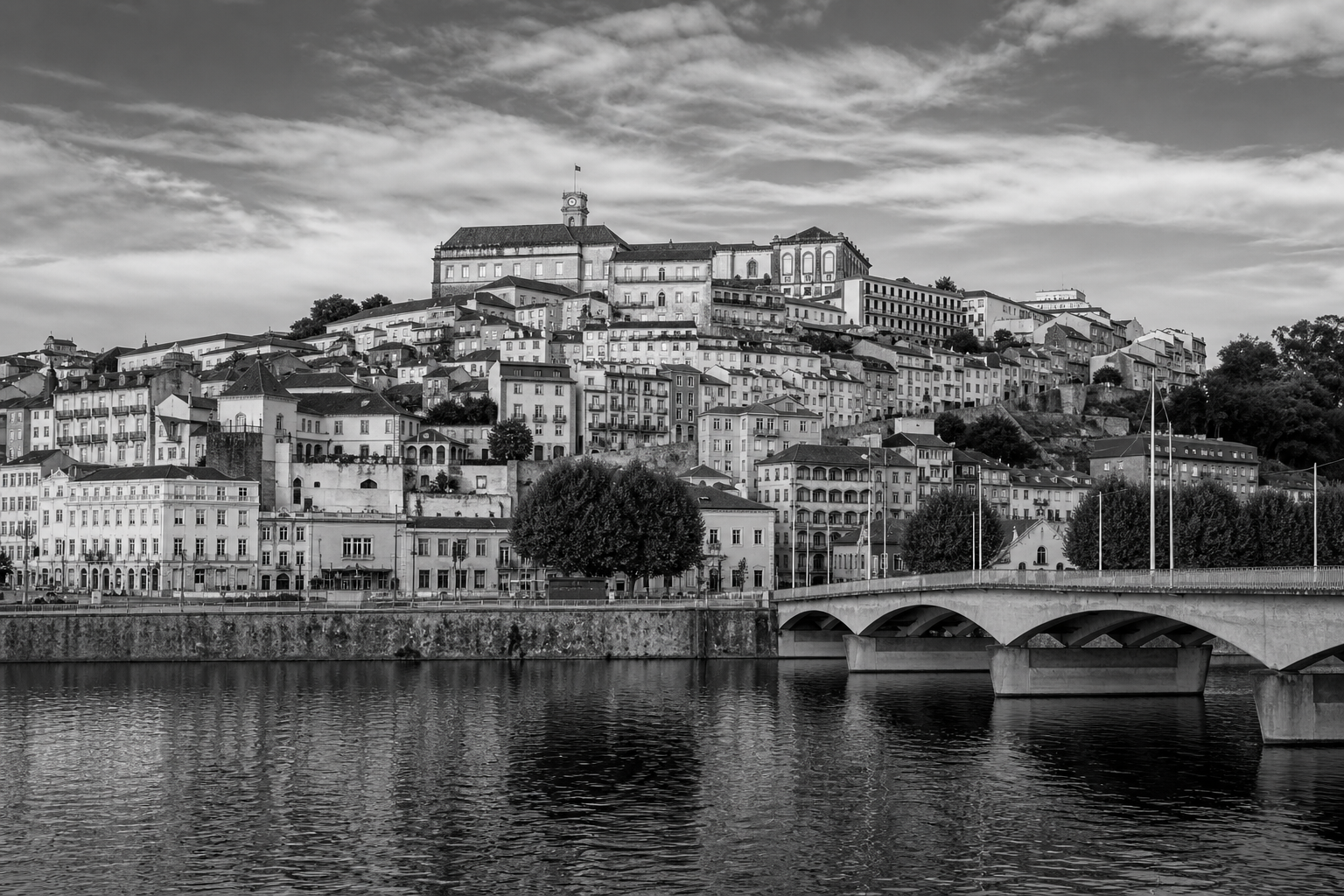 Black and white Coimbra Portugal cityscape for private investigator services in Coimbra