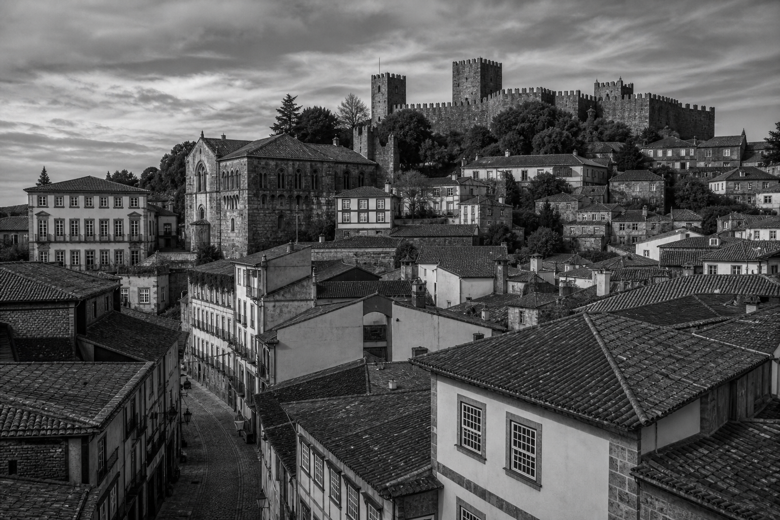Black and white Guimaraes Portugal cityscape for private investigator services in Guimaraes