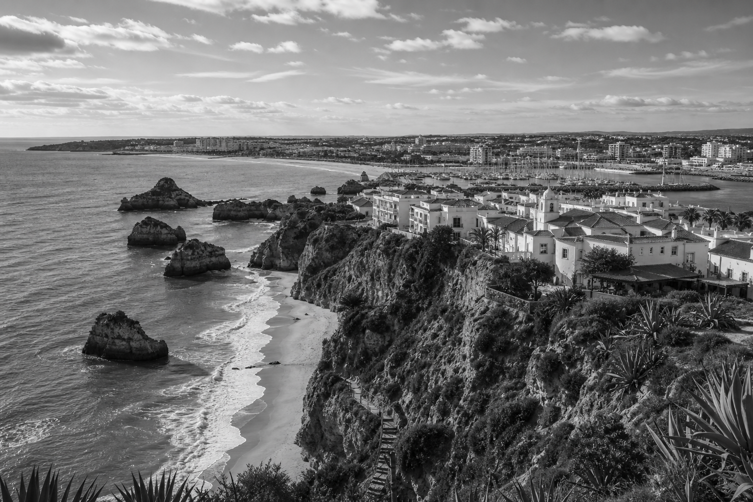 Black and white Lagos Algarve Portugal cityscape for private investigator services in Lagos