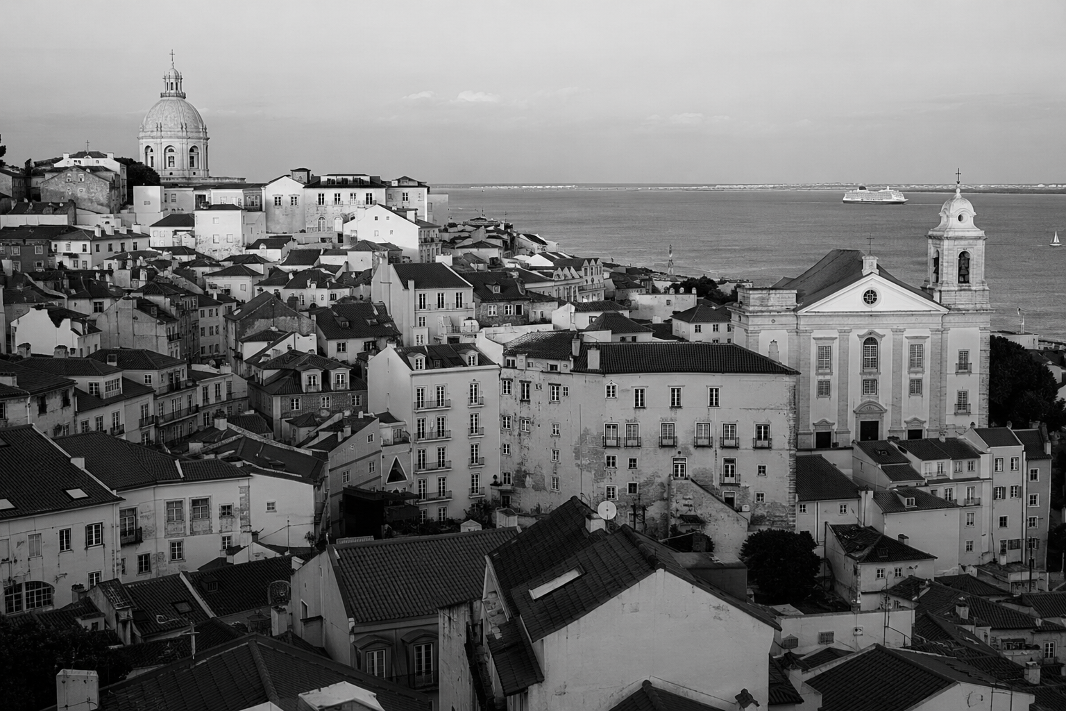 Black and white Lisbon Portugal cityscape for private investigator services in Lisbon