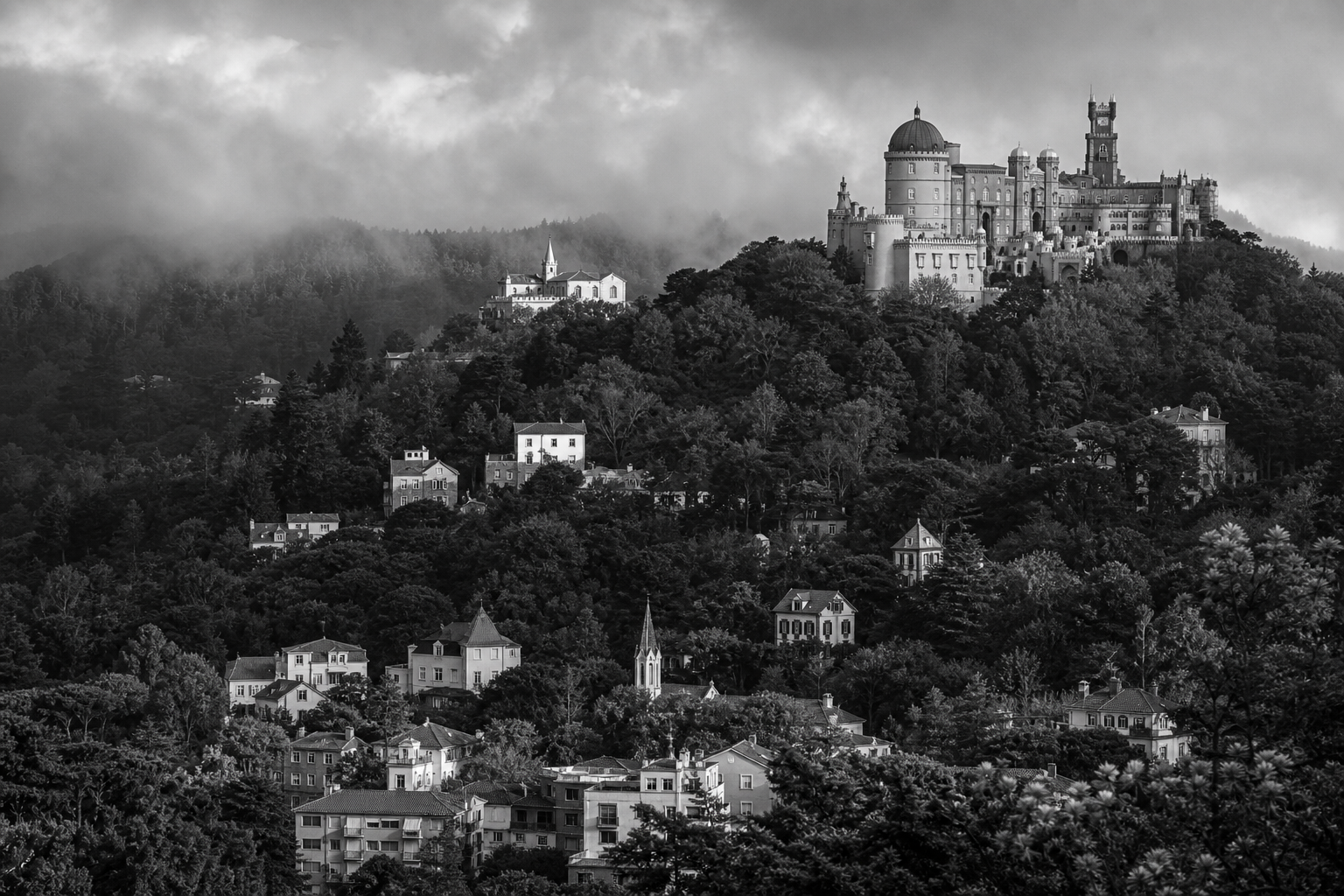 Black and white Sintra Portugal cityscape for private investigator services in Sintra